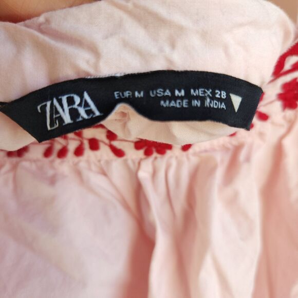 Zara Limited Edition Embroidered Dress Medium Pink Red Cotton Boho Folk Peasant - Picture 7 of 10